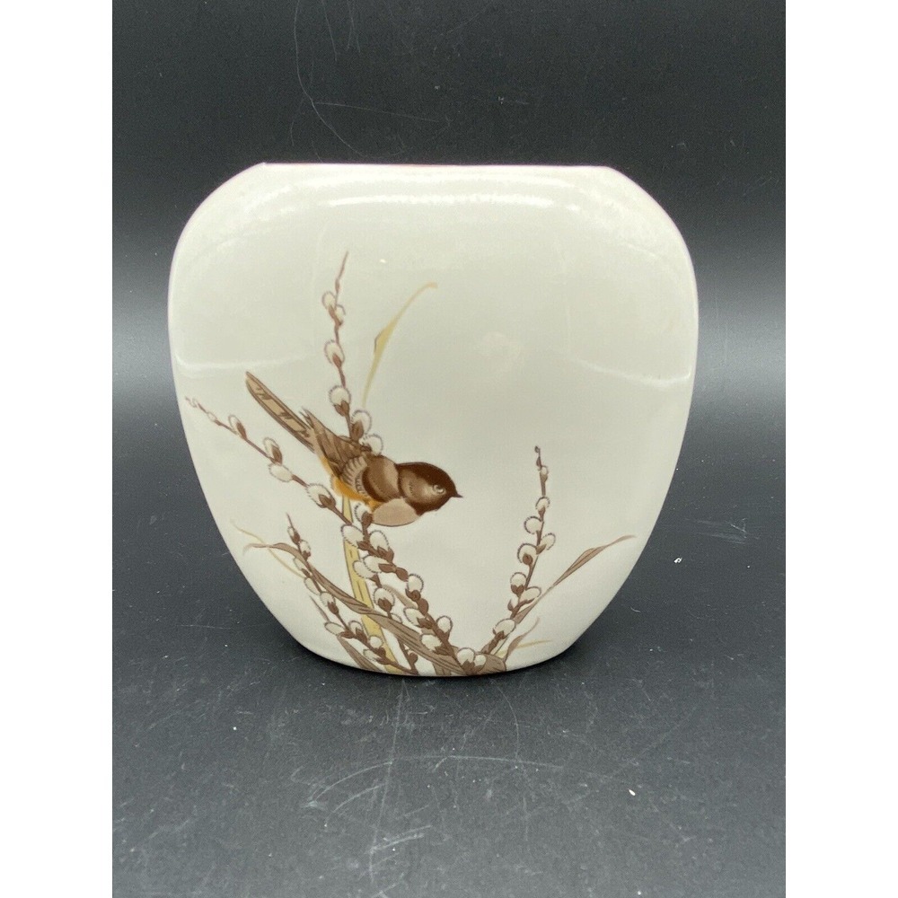Vintage Japanese Oval Otagiri Vase with Bird on Pussywillow 4 1/2" Height